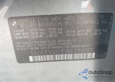 2011 BMW X5 xDrive35I/xDrive35I Premium/xDrive35I Sport Activity z USA, uszkodzony, nr VIN 5UXZV4C51BL738123